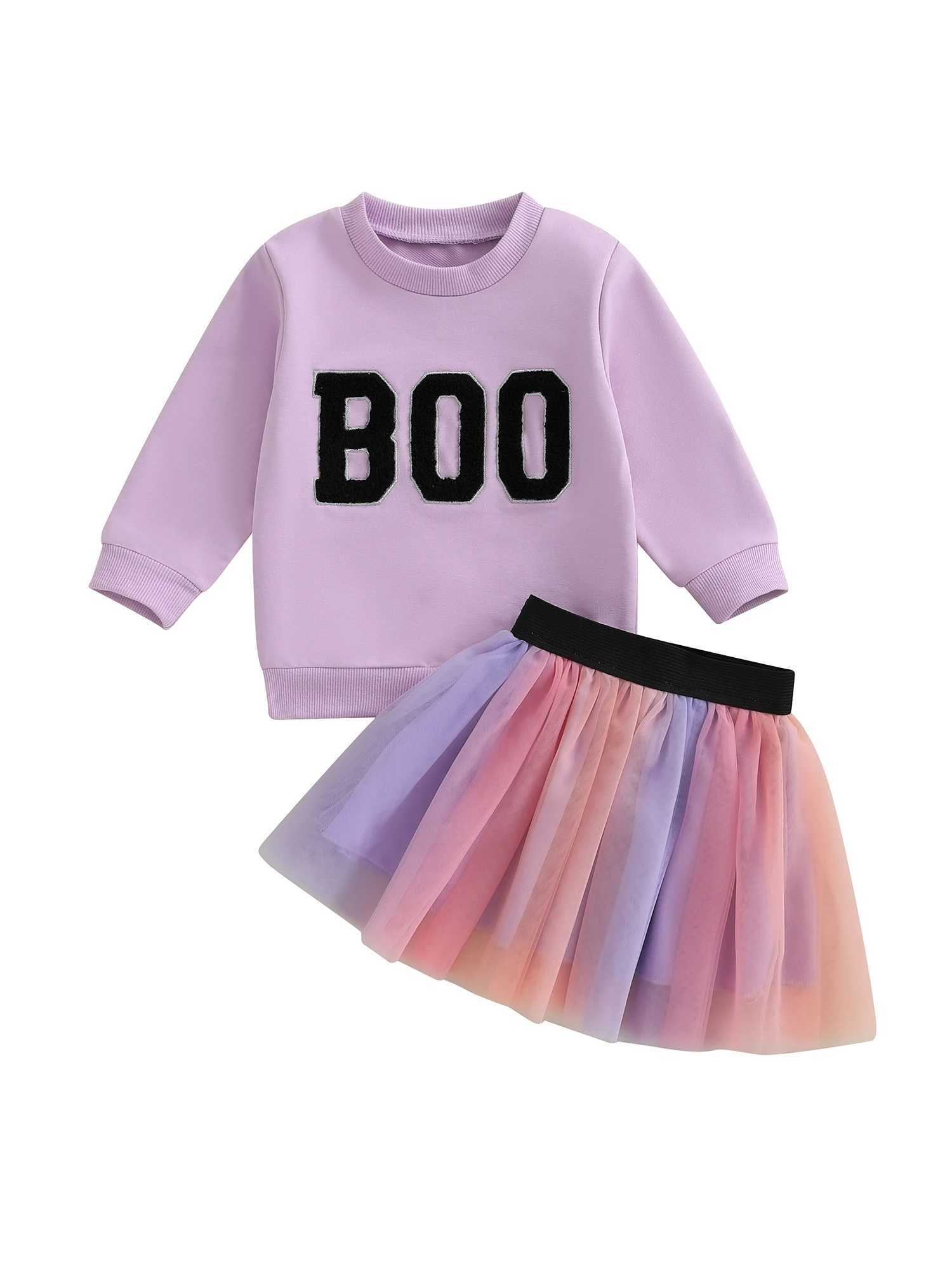 Cute Toddler Pumpkin Costume Embroidered Long Sleeve Sweatshirt Elastic Waist Tulle Skirt 2 Piece Set for Halloween Party L250926IPWZ