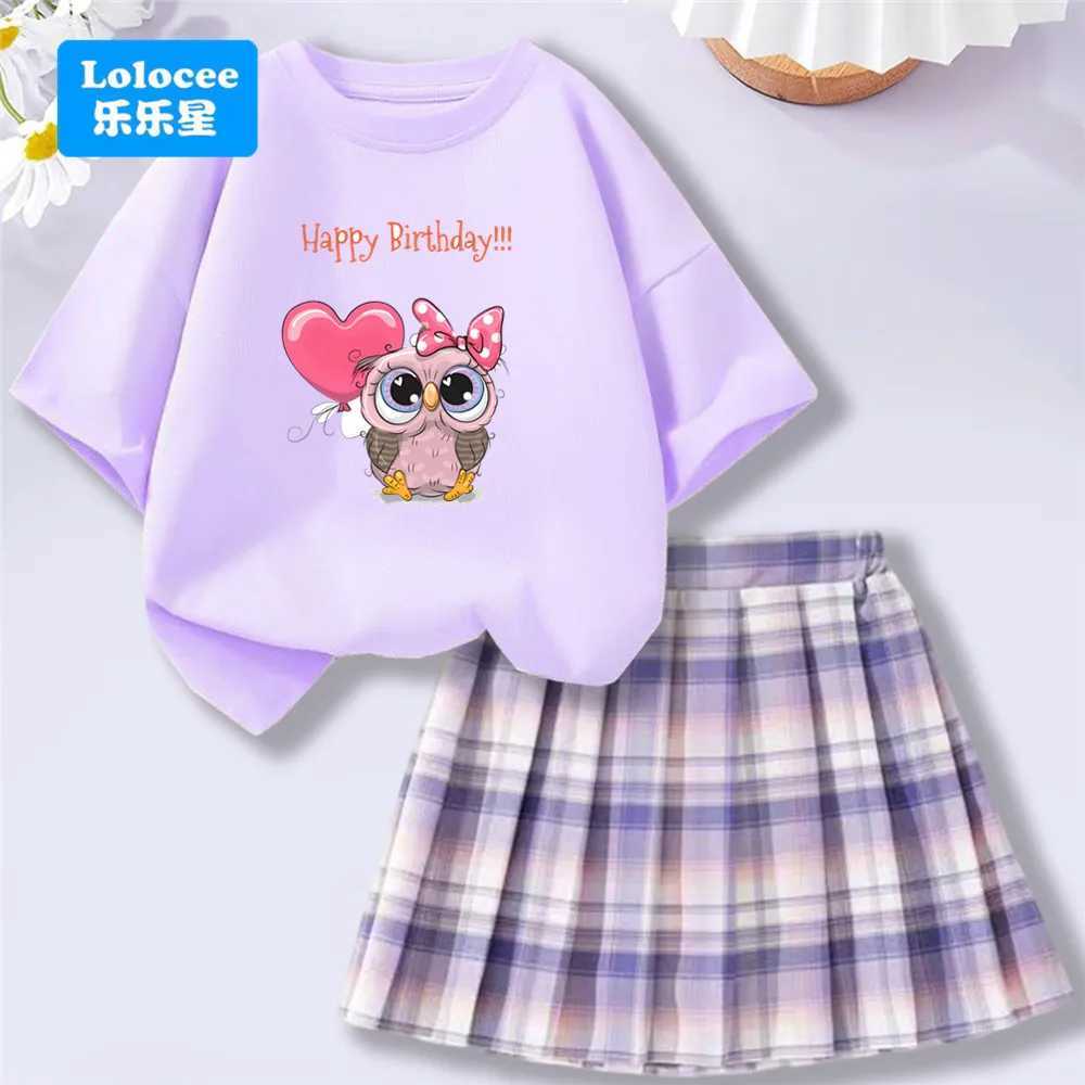Cute Owl Birthday Girls Set Summer Short Sleeve Tee with Heart Balloon Plaid Skirt 2 pcs Outfit Perfect for Party Suits L250926UXOX