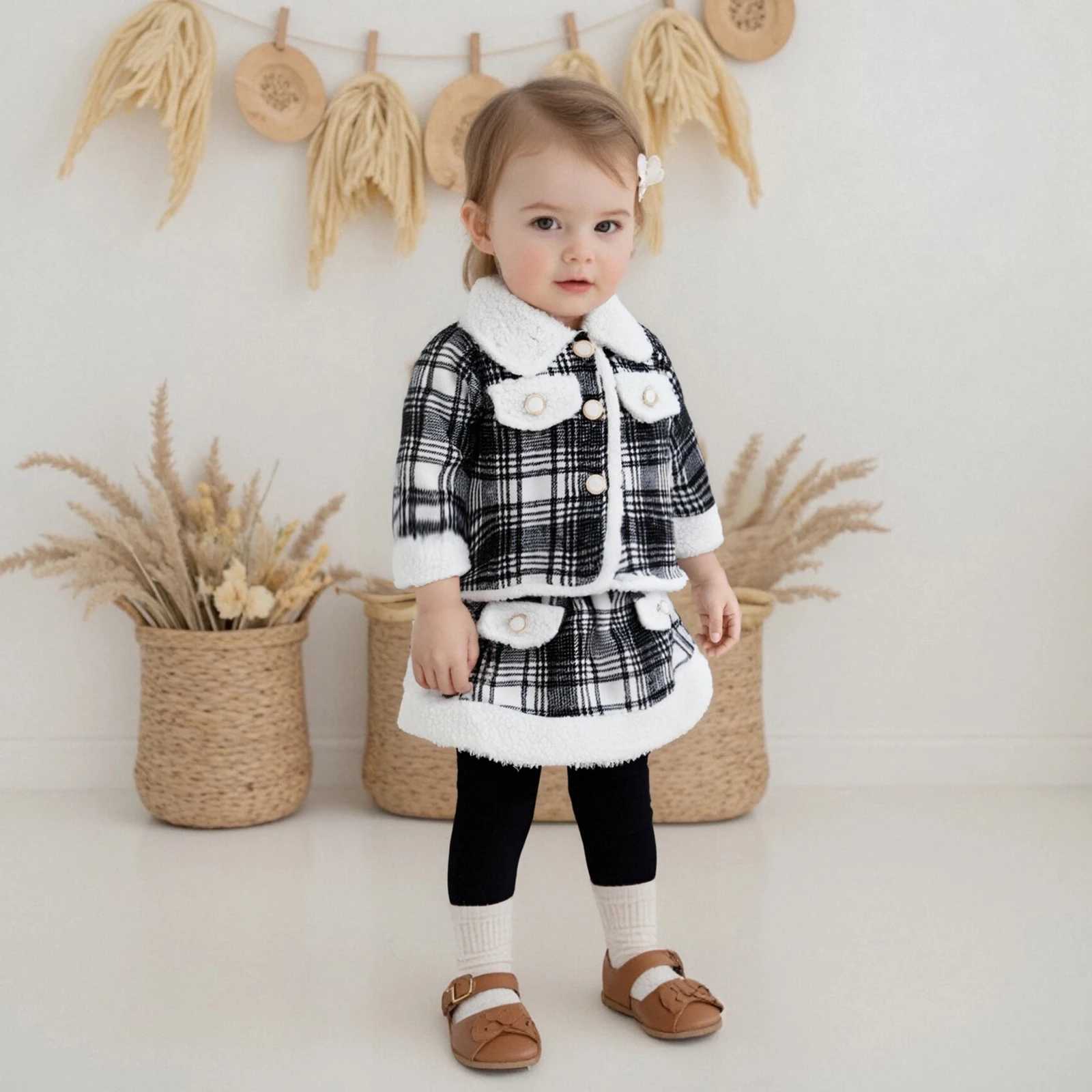 Autumn Toddler Clothes Baby Girls Plaid Long Sleeve Lapel Coat with Elastic Waist Skirt Clothing Set 2Pcs Outfit L250926PY4X