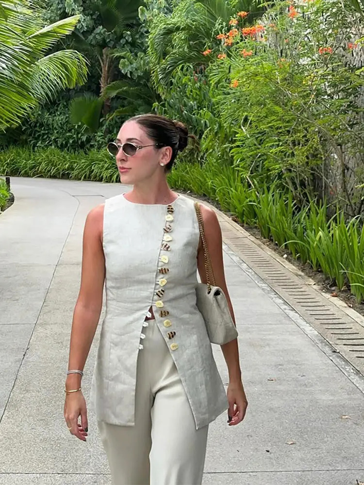 Elegant Solid Women 2 Pieces Suits Oneck Sleeveless Single Breasted Slim Tank Aline Mini Skirts 2025 Summer Lady Sets 250811m