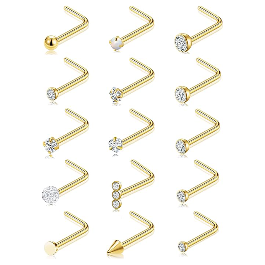 15PCS Titanium Nose Studs Ring L-Shaped Round CZ Ball Opal Star Heart Nose Studs Nostril Body Piercings Jewelry Set for Women Men Gold Tone 20G