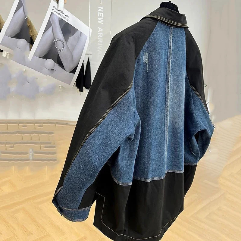 2025 Autumn Denim Jacket Coat Women Splicing Blazer Outerwear Female Long sleeves Loose Jean windbreaker 250811m