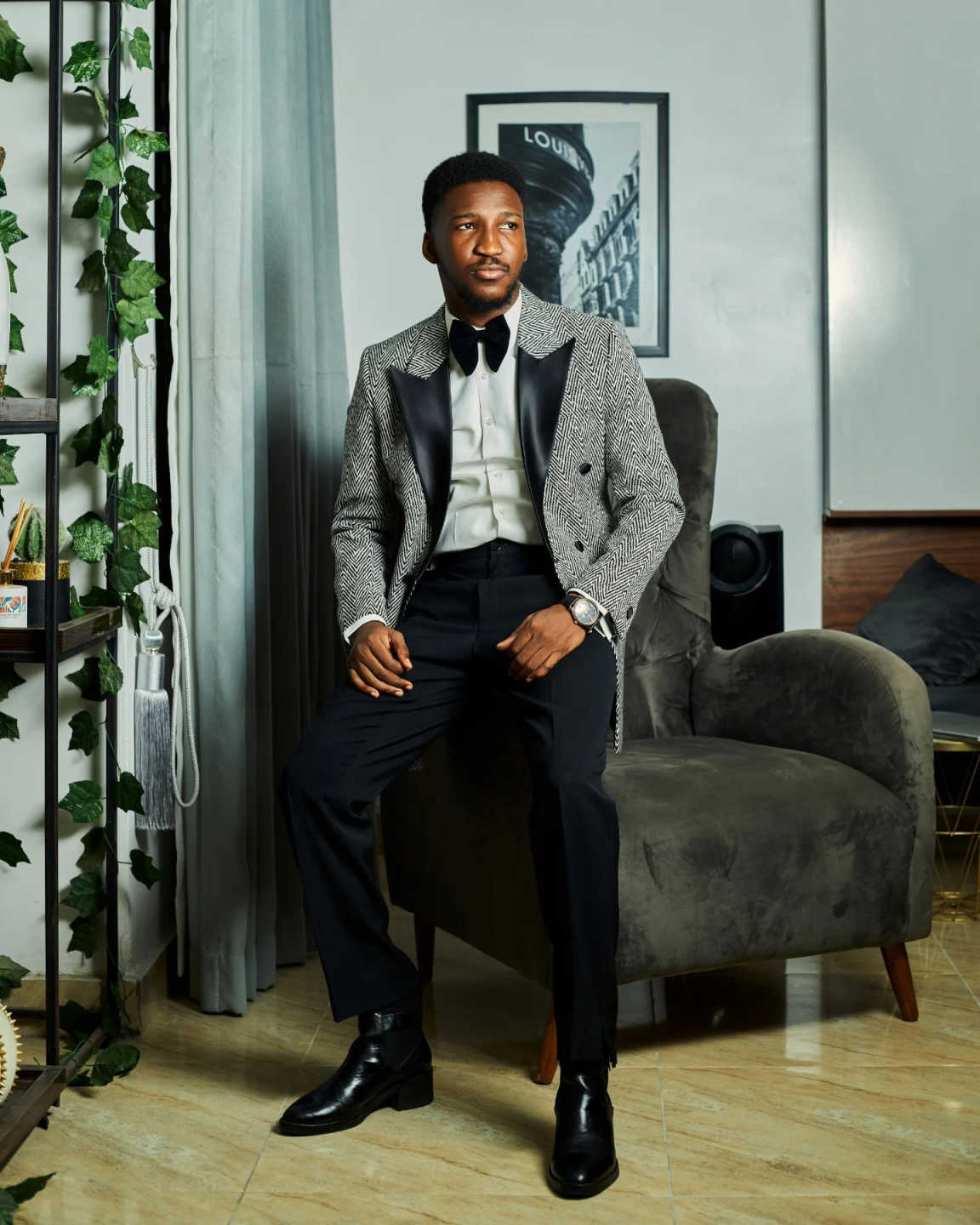 Fashion Men's Herringbone Double Breasted Peaked Jacket Blazer Slim Fit Wedding Tuxedos Formal Business Occasion Custom Made