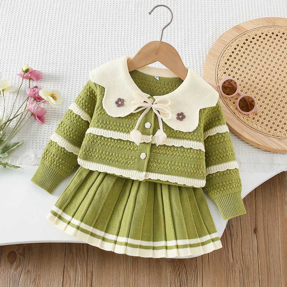 LILIGIRL Autumn Kids Sweater Set Sweet Flower Girls Baby Knitted Cardigan Short Skirt Color Blocked Korean Children Outf 9M5T L25092622U5