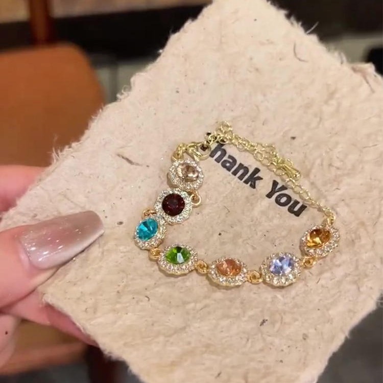 Gold - Toned Multi - Colored Gemstone Bracelet With Crystal Halos Delicate Daily & Vibrant Jewelry Gift For Her High - Quality And Eye - Catching Acce