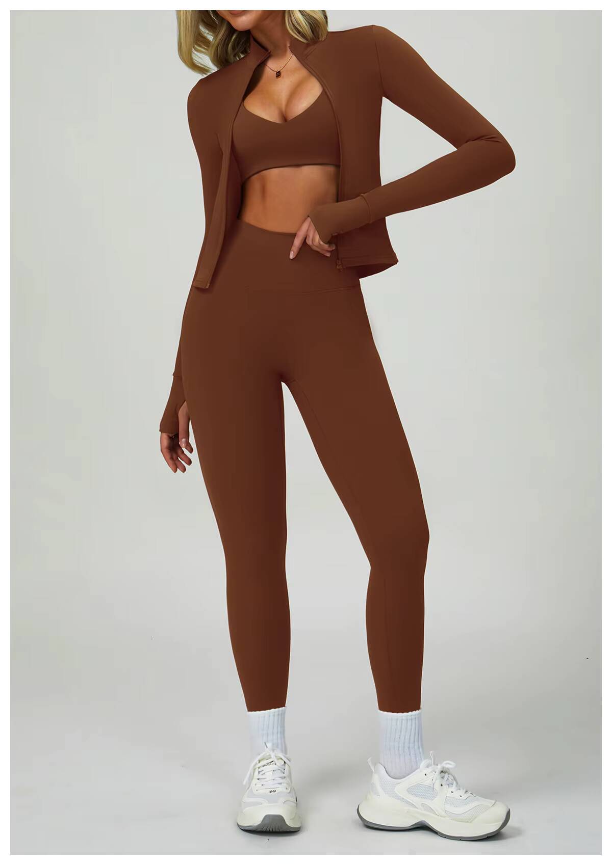 Custom Women Sports Bra Long Sleeve Zip up Jacket High Waist Yoga Leggings Fitness 4 Piece Gym Set