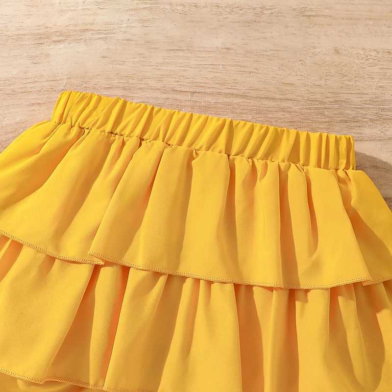 Children Clothes Girl Outfit Black Flowers Printed Vest Yellow Tiered Skirt With Hats 3 Pcs Sets Stylish Girls Outfit L250926P1S3