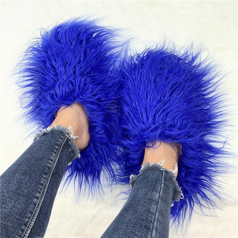 Luxury Fur Slippers Women Round Toe Mongolian Fur Slides Woman Shoes Female Full-Fur Slipper Footwear Soft Round Sole Designer Mongolian Woolen Padded