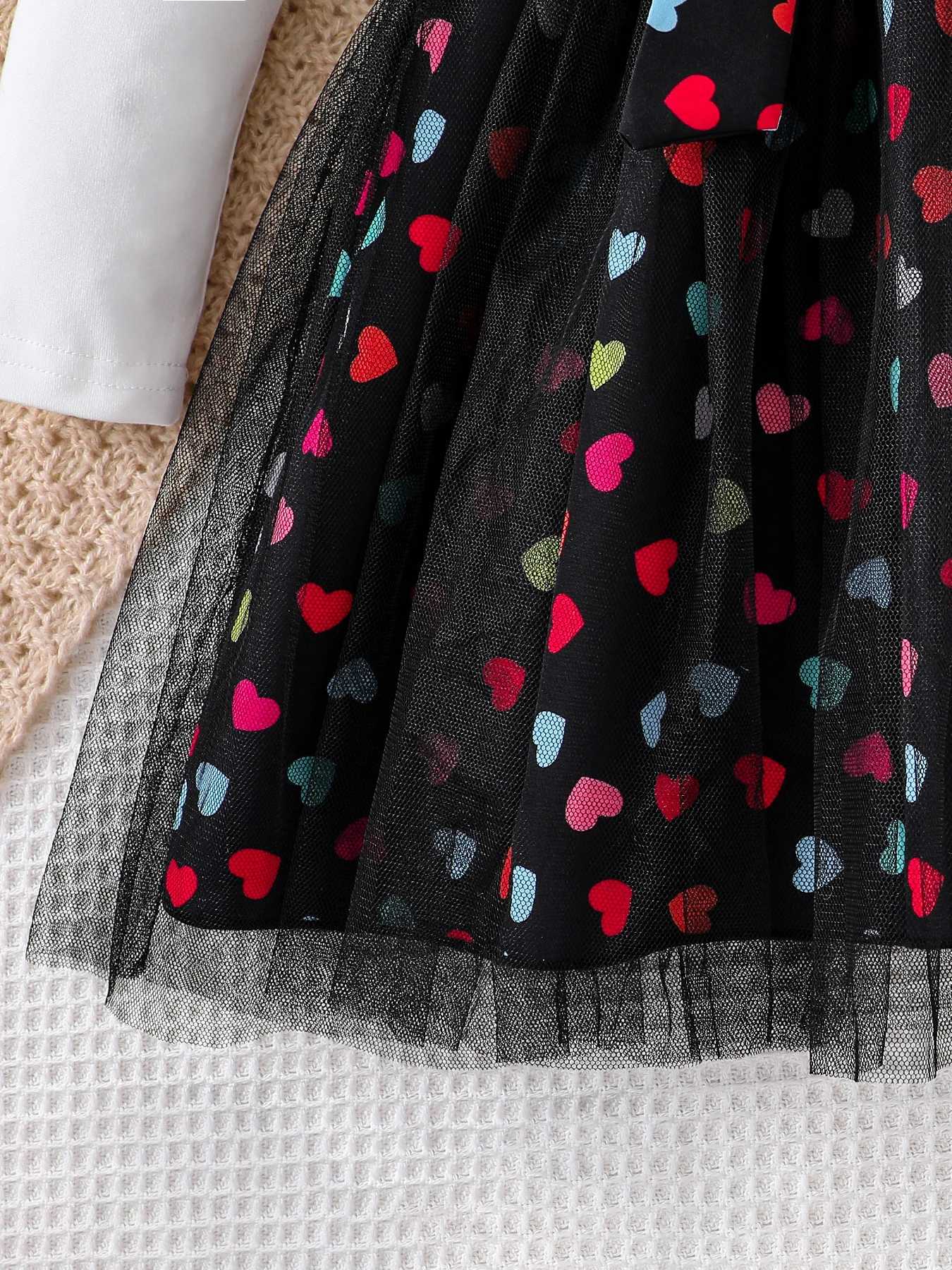 Girls Printed Mesh Pleated Skirt Childrens Clothing Fashionable Patchwork Dress White Cartoon Autumn Set 1 Set L250926D90M