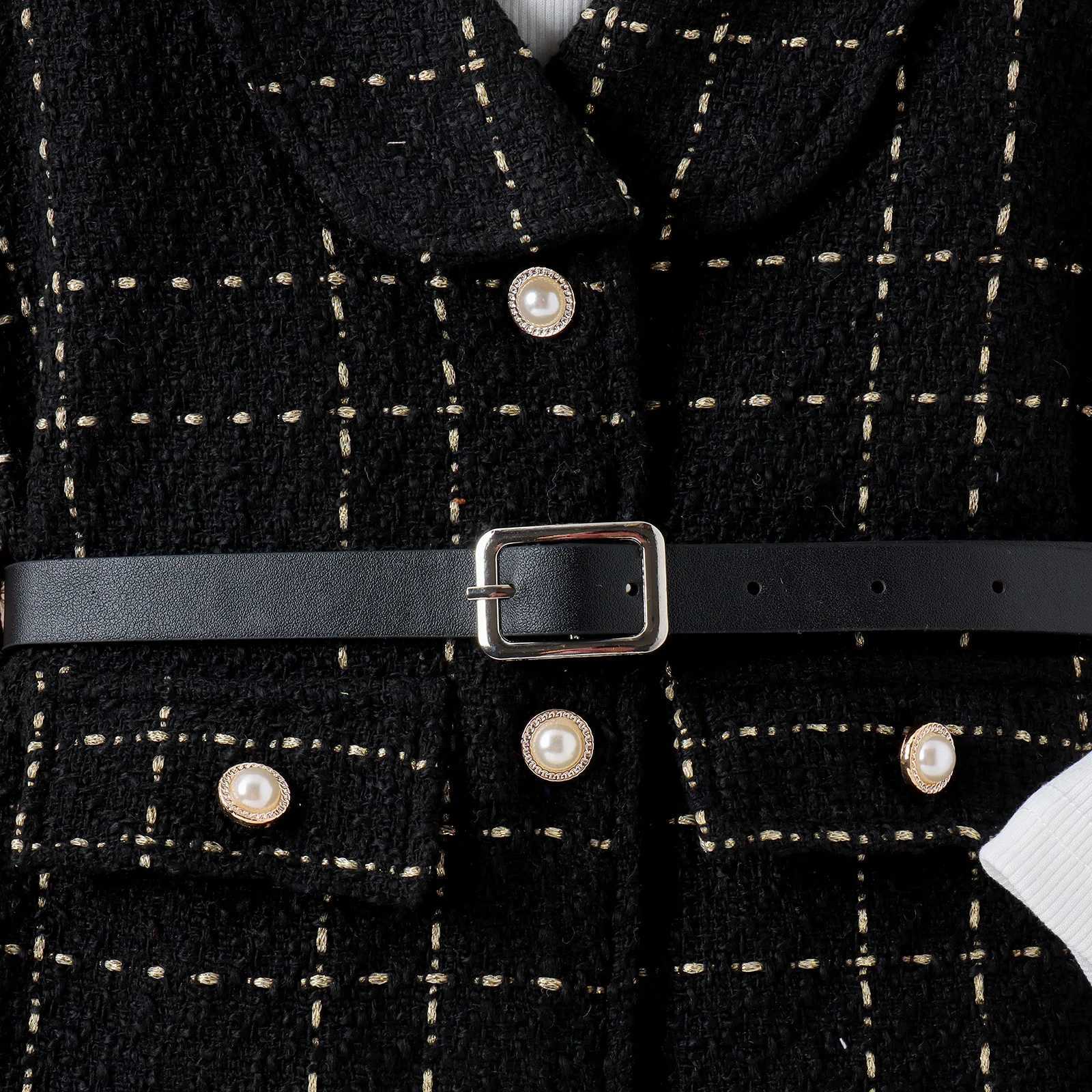 Temperament Black and White Children Dress Girl Suit Embroidered Vest Suit High Neck Long Sleeve Black Belt Threepiece Kid Kit L250926W2CA