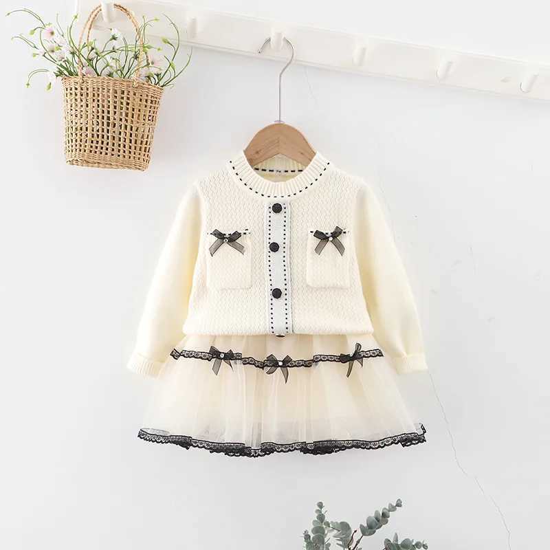 Children Sweater Set Korean Autumn Winter 2025 New Girls Sweet Bow Knitted Top Mesh Skirt Two Piece Set L2509263HZY