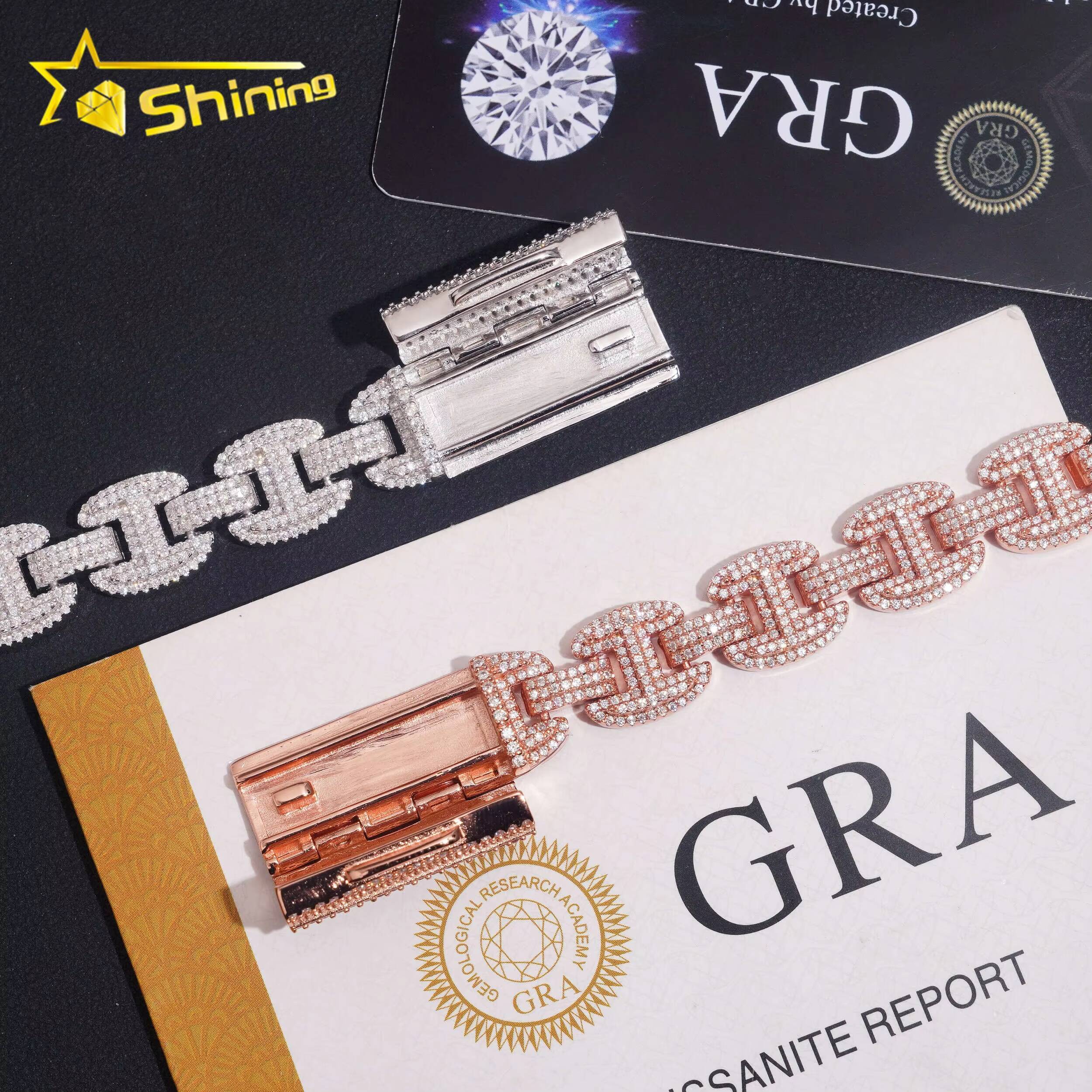 Pass Diamond Tester New Style 925 Silver 12mm Rose Gold GRA Certified Moissanite Bracelet