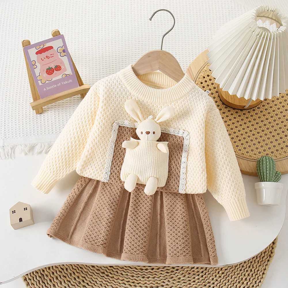 Childrens Clothing Sets Bunny Embellished Knitted Top Pleated Skirt Winter Baby Girl Clothes Kids Knitwear Sweater L250926NXQL