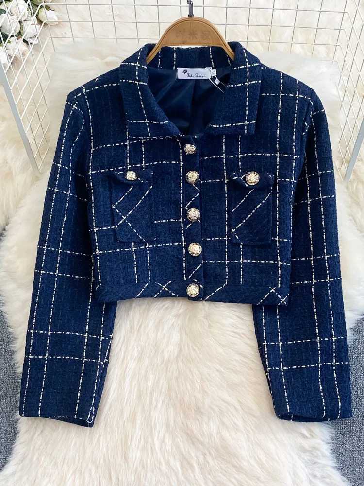 Autumn Dress Suit Women Luxury Korean Chic Blue Tweed Jacket Vest Dress Elegant 2 Piece Set Long Sleeve Cropped Coat L250926M703