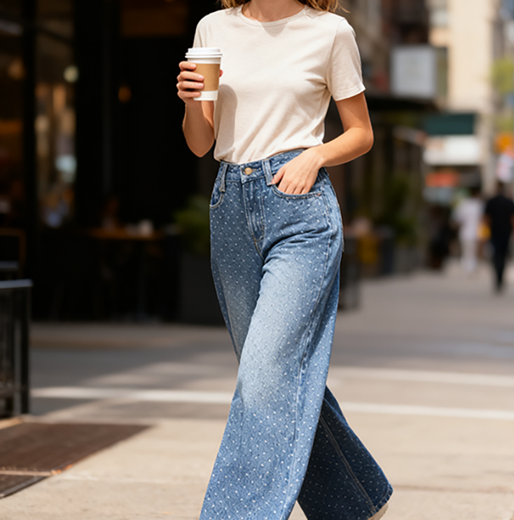 Women's Retro Casual Spotty Wide-Leg Jeans High-Waisted Slimming Loose Polka Dot Denim Pants CK001 Z260313