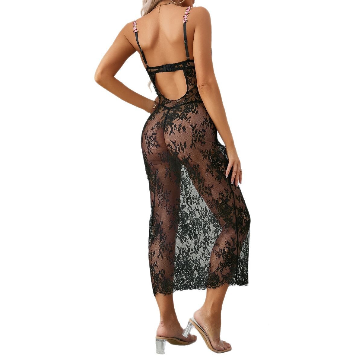 2025 Spring Summer New Sexy Large Backless See-through Temptation Floral Strap Lace Trim Nightdress Long Dress Set