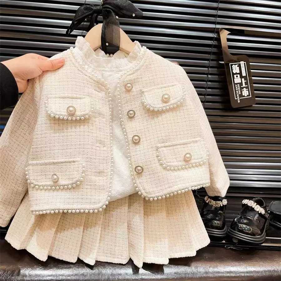 Girls Suit Spring and Autumn Korean Fashion Solid Color Pearl Button Childrens Coat Skirt Two Piece Set L250926Q8UY