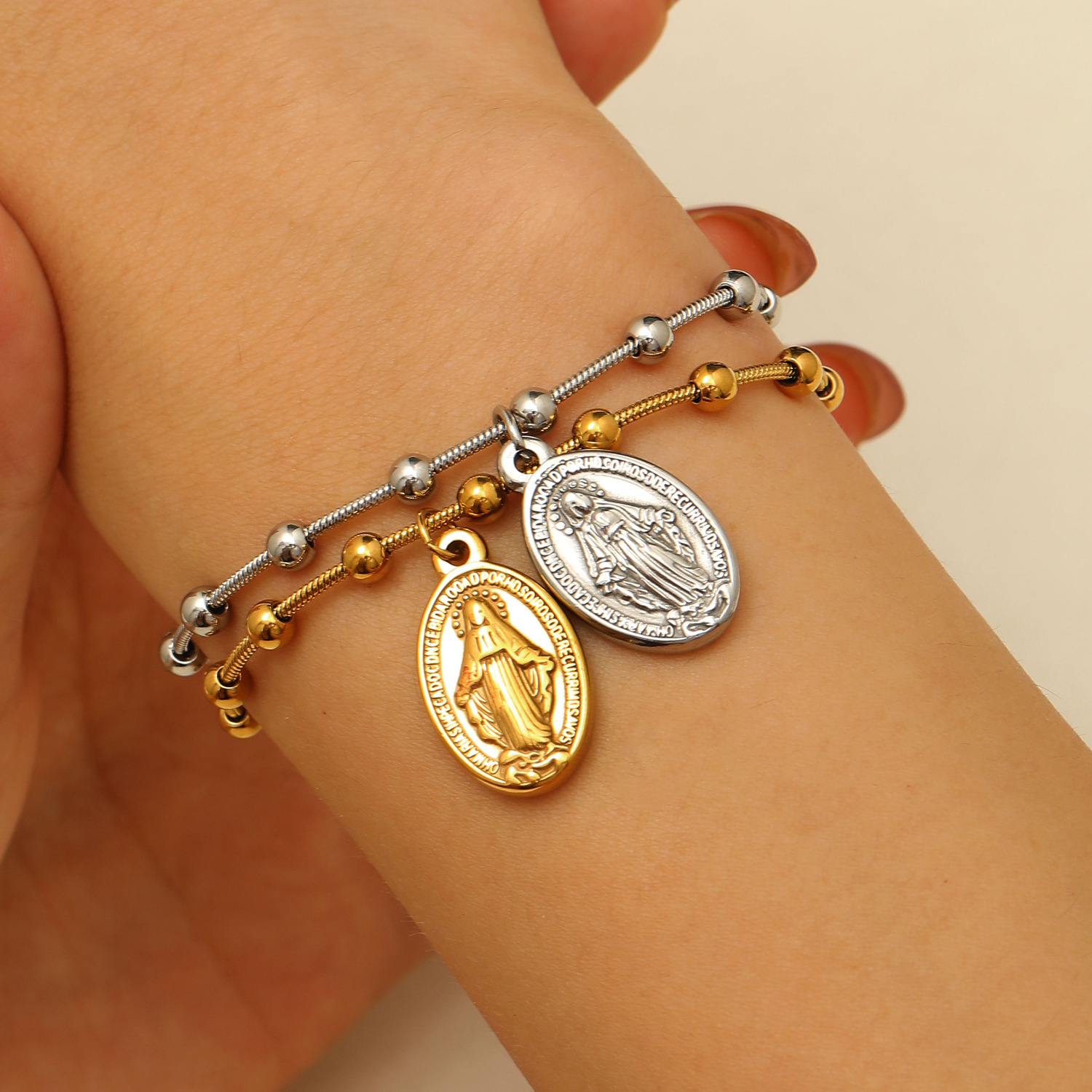 Lady Virgin Mary Cross Oval Stainless Steel Pendant Spacer Bead Chain Bracelet For Women