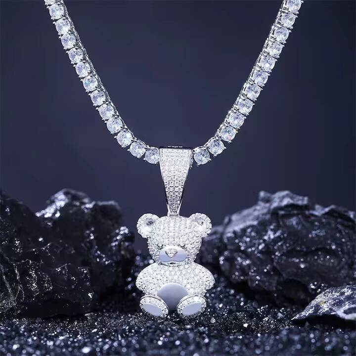Iced Out Bear Pendant Necklace Moissanite Diamond 925 Sterling Silver Hiphop Pendant