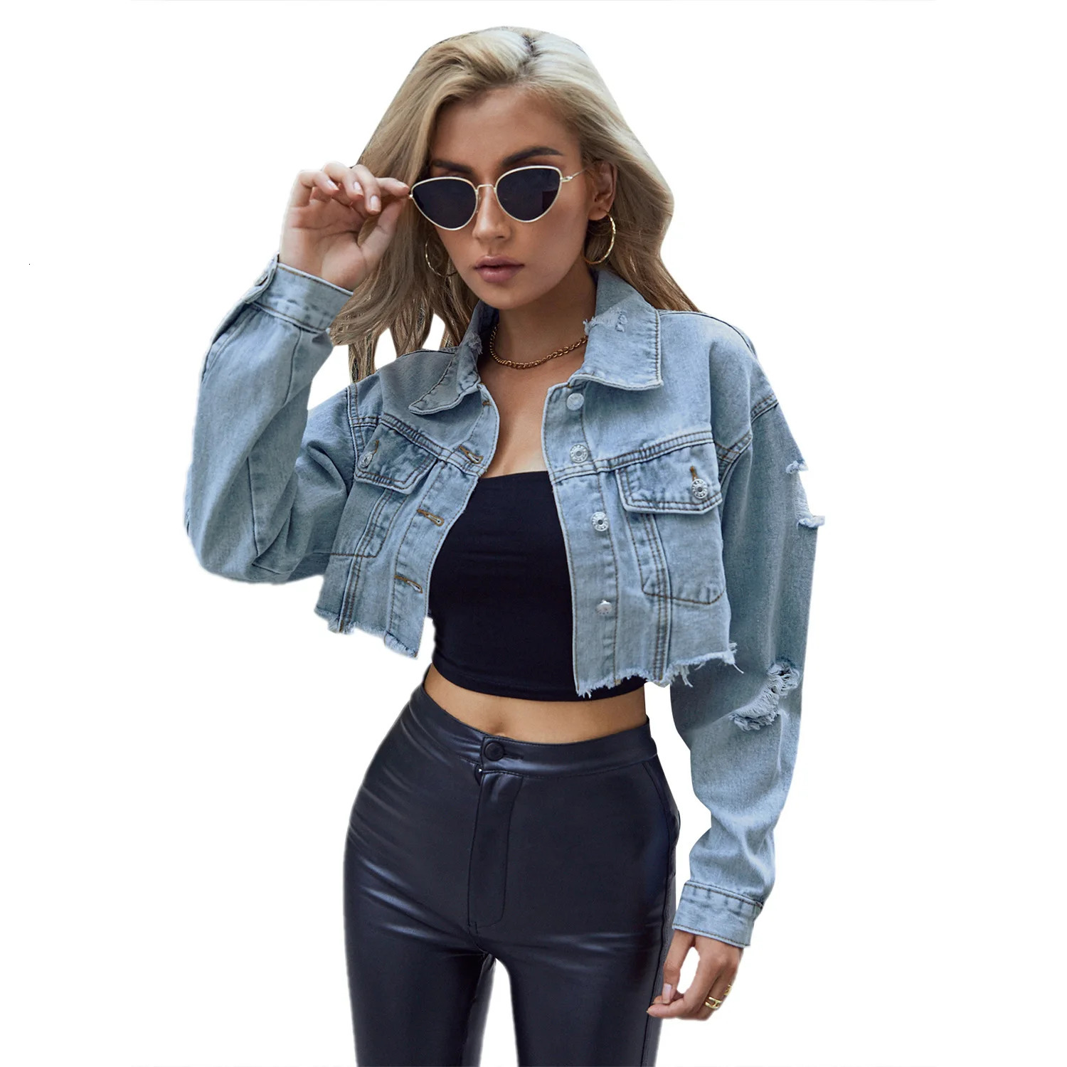 Denim Coat Turn Down Collar Women Jackets Long Sleeve Short Coats Solid Single Breasted Casual Hole Pockets Lady 250811m