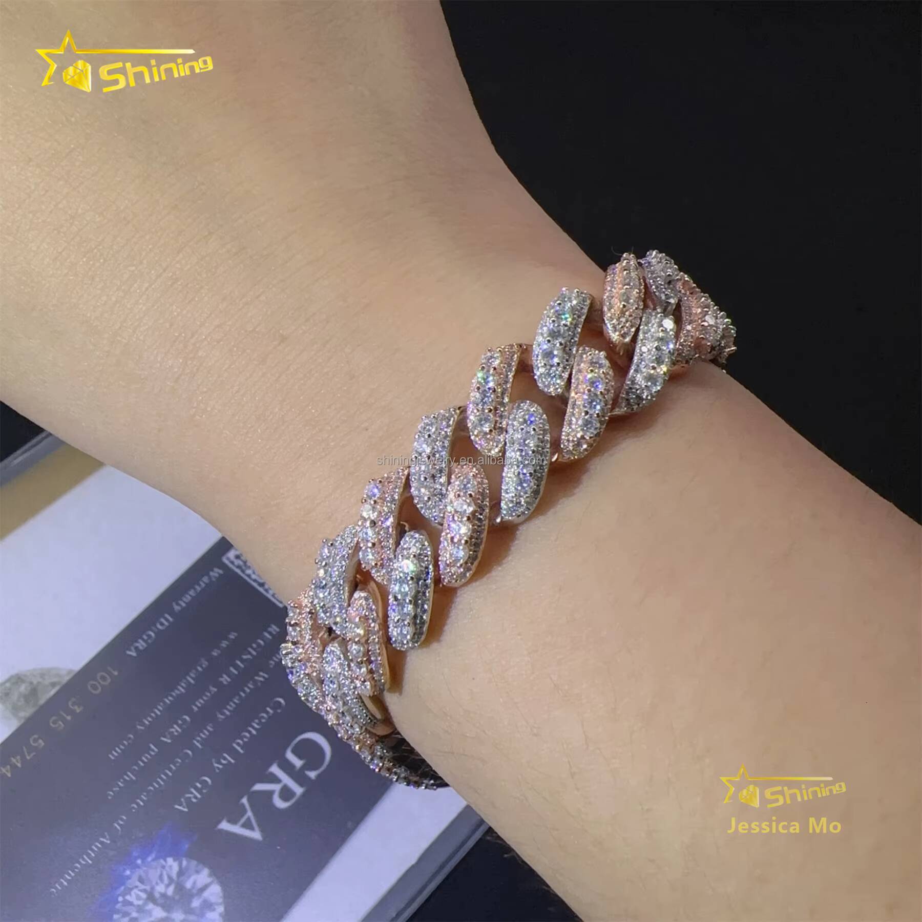 13mm 3Rows Two Tone Color Rapper Hip Hop Jewelry VVS1 Moissanite Iced Out GRA Certificate S925 Silver Cuban Bracelet Man