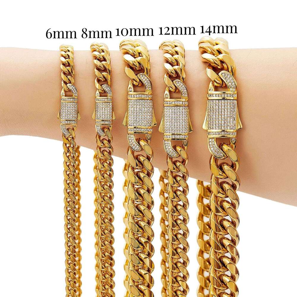 6/8/10/12/14mm Wide New Arrival Men Women's Miami Curb Chain Necklace or Bracelet Gold Color Stainless Steel Jewelry