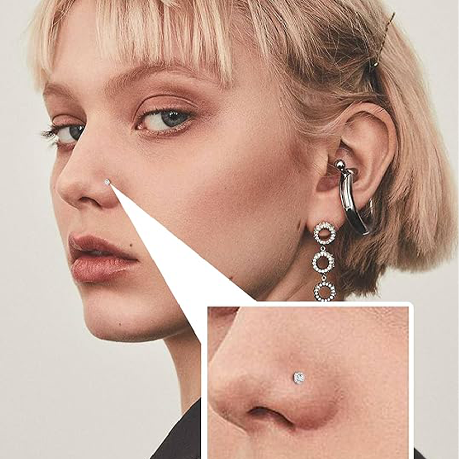 15PCS Titanium Nose Studs Ring L-Shaped Round CZ Ball Opal Star Heart Nose Studs Nostril Body Piercings Jewelry Set for Women Men Silver Tone 20G