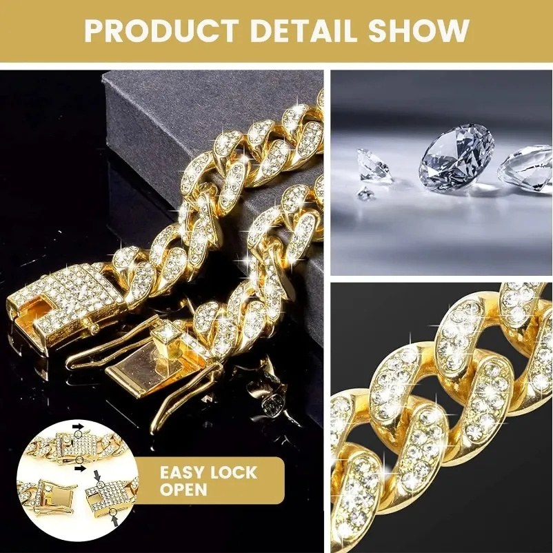 Pet Diamond Collar Elegant Dog Diamond-Studded Cuban Link Chain Collar - Durable Metal with Secure Buckle for Cats & Dogs