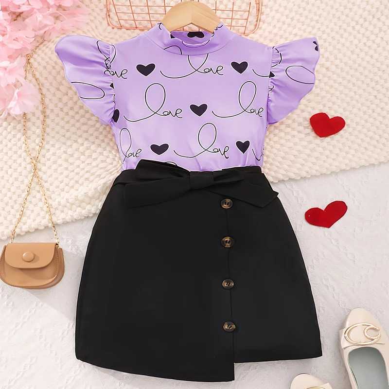 Two Piece Summer Girls Cool And Cute Love Printed Tight Short Sleeved Skirt Daily Casual Princess Birthday Party Costume Set L250926LC8F