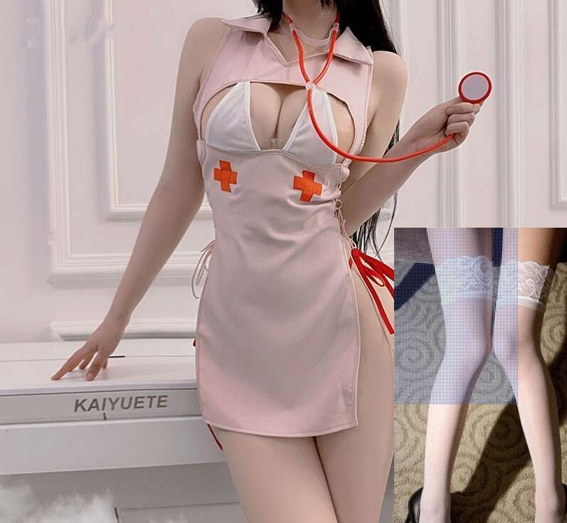 Lingerie Sexy Hollow Out Breast Exposing Temptation Nurse Outfit Side Tie Free Removal Uniform Flirty Set