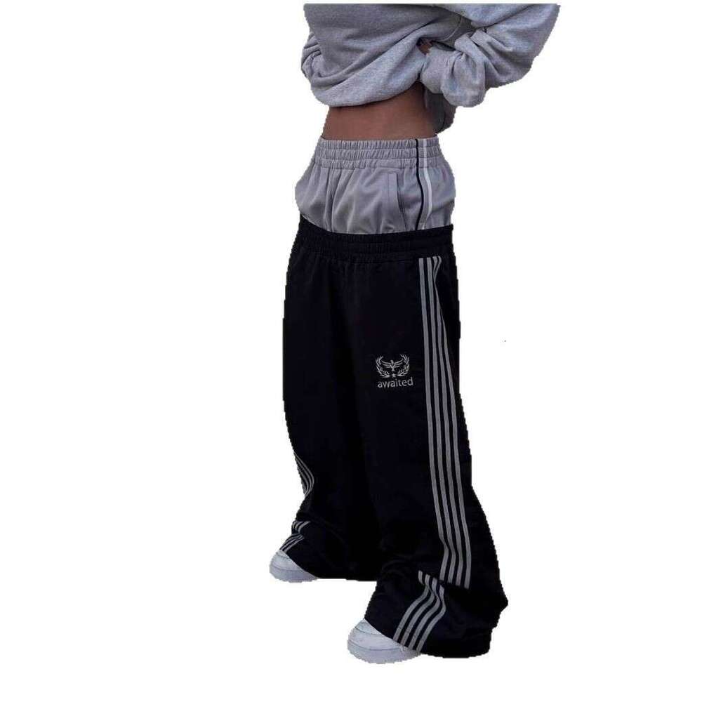 Double Waist Striped Casual American Style Unisex Trendy Brand Fake Two-Piece Loose Long Pants