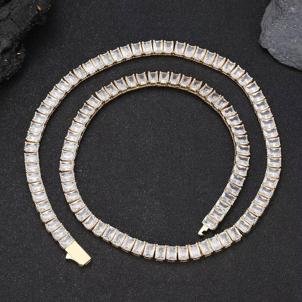 NOUYA Silver Plated Tennis Chain Necklace for Women 6mm Baguette Zircon Stones Hip Hop Fine Jewelry Tennis Chains