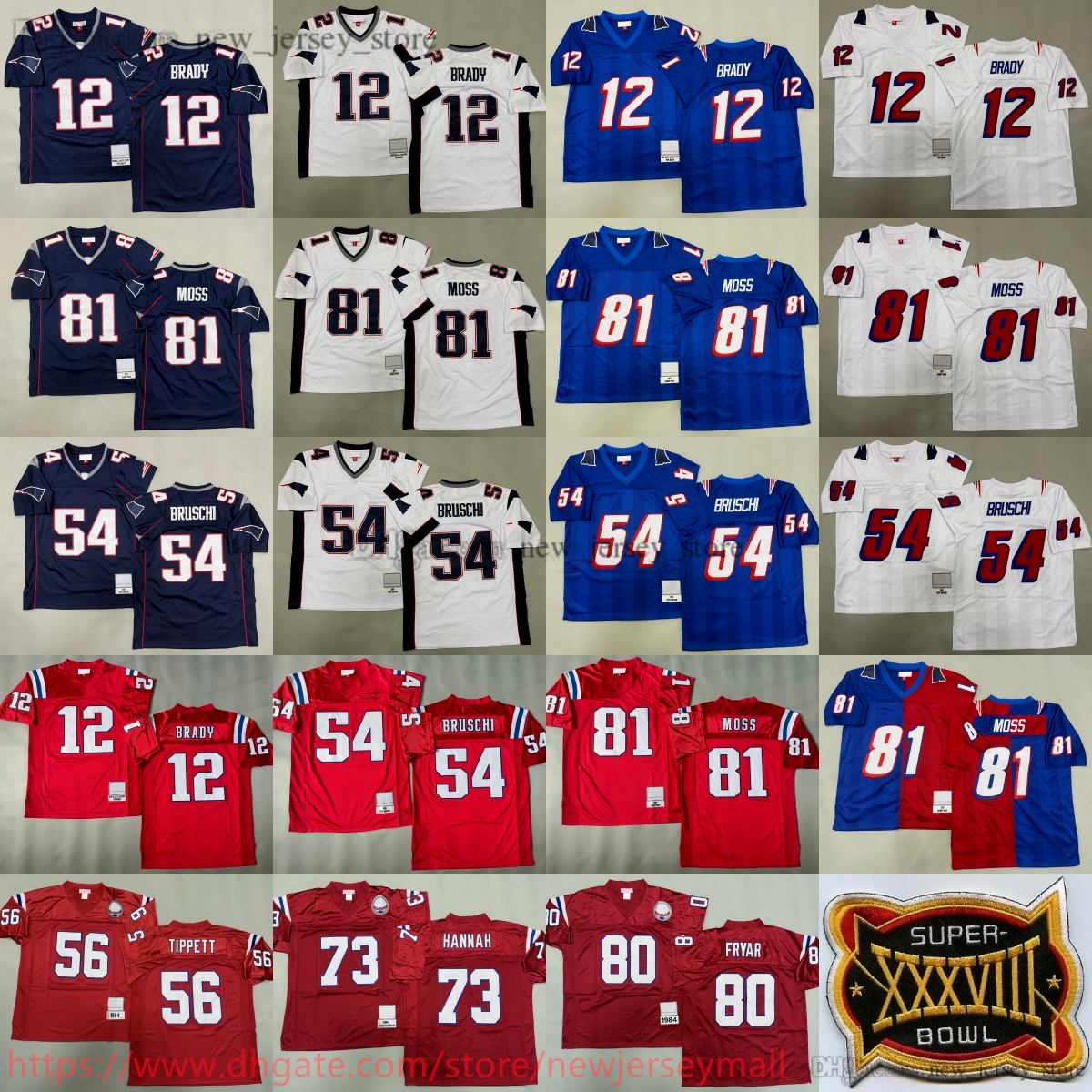 2007 Throwback Football 81 Randy Moss Jersey Vintage Stitched 54 Tedy Bruschi 12 Tom Brady Irving Fryar Andre Tippett John Hannah Jerseys Breathable Sport Retro