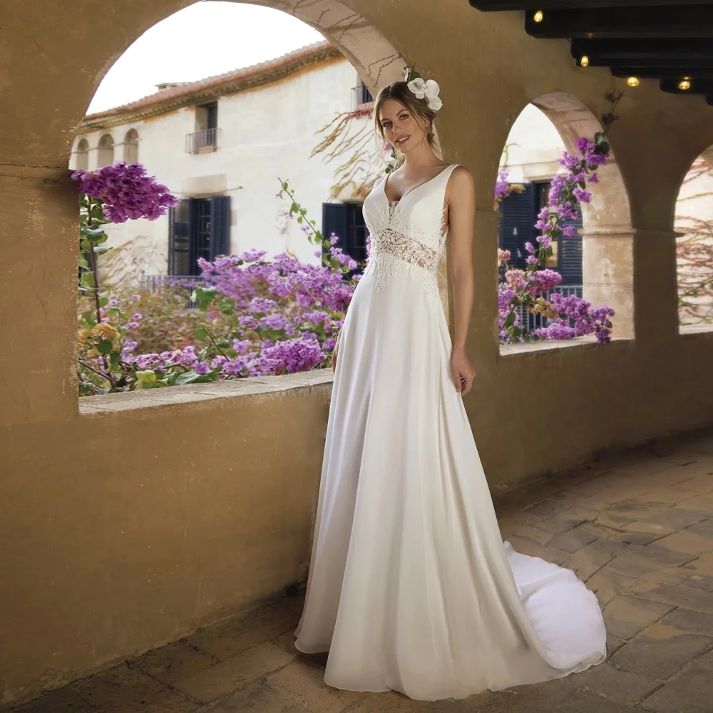 Classic Spaghetti Straps Wedding Dress 2026 A Line Bridal Grown V Neck Chiffon Customized Applique Lace Sequined Illusion Vestidos De Novia