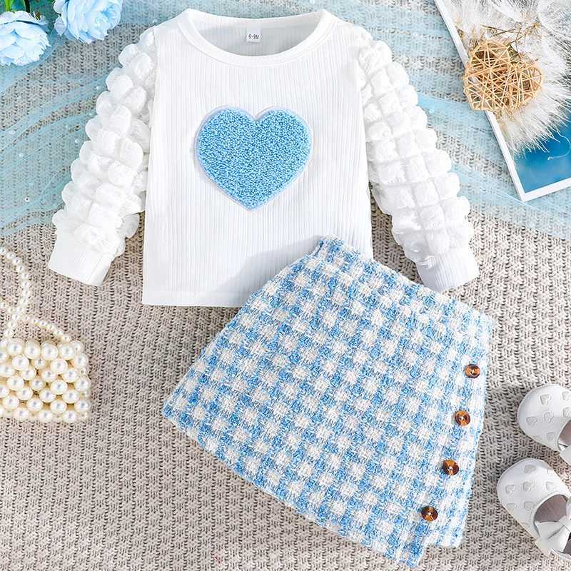 Spring Toddler Girl Clothes Korean Cute Love Long Sleeve Cotton TopsPlaid Skirt Childrens Sets Baby Boutique Clothing BC662 L25092612MN