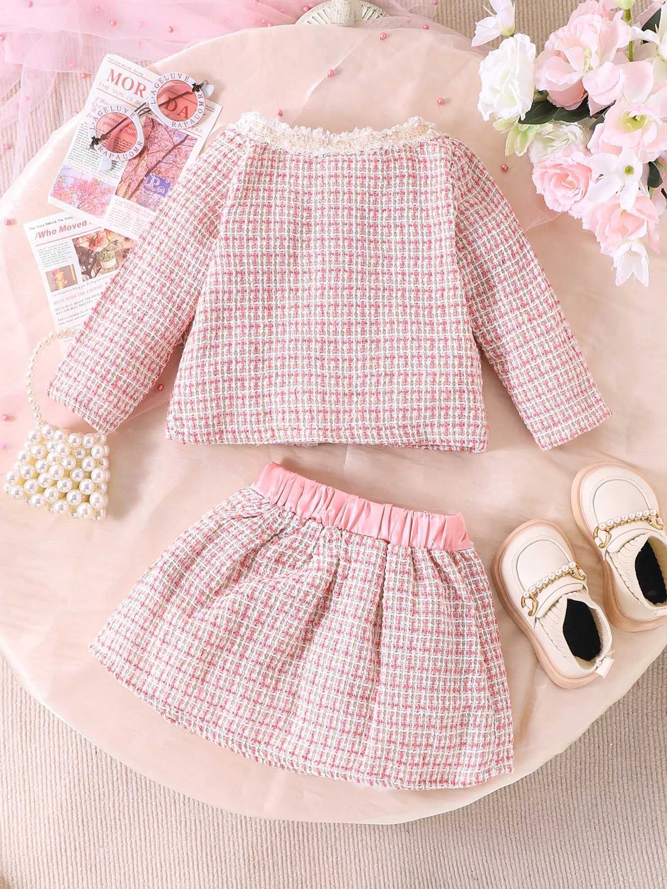 2PCS Cross Border Autumn New Girl Baby 16 Years Old Sweet And Cute Pink Round Neck JacketPleated Skirt Set L250926AWOA