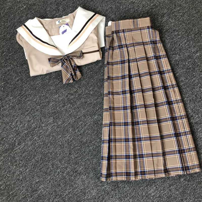 School Dresses Japanese College Middle School Uniform For Girls Jk Uniforms Lady Sailor Suit Tea Brown Color Plaid Pleated Skirt L250926Y07E