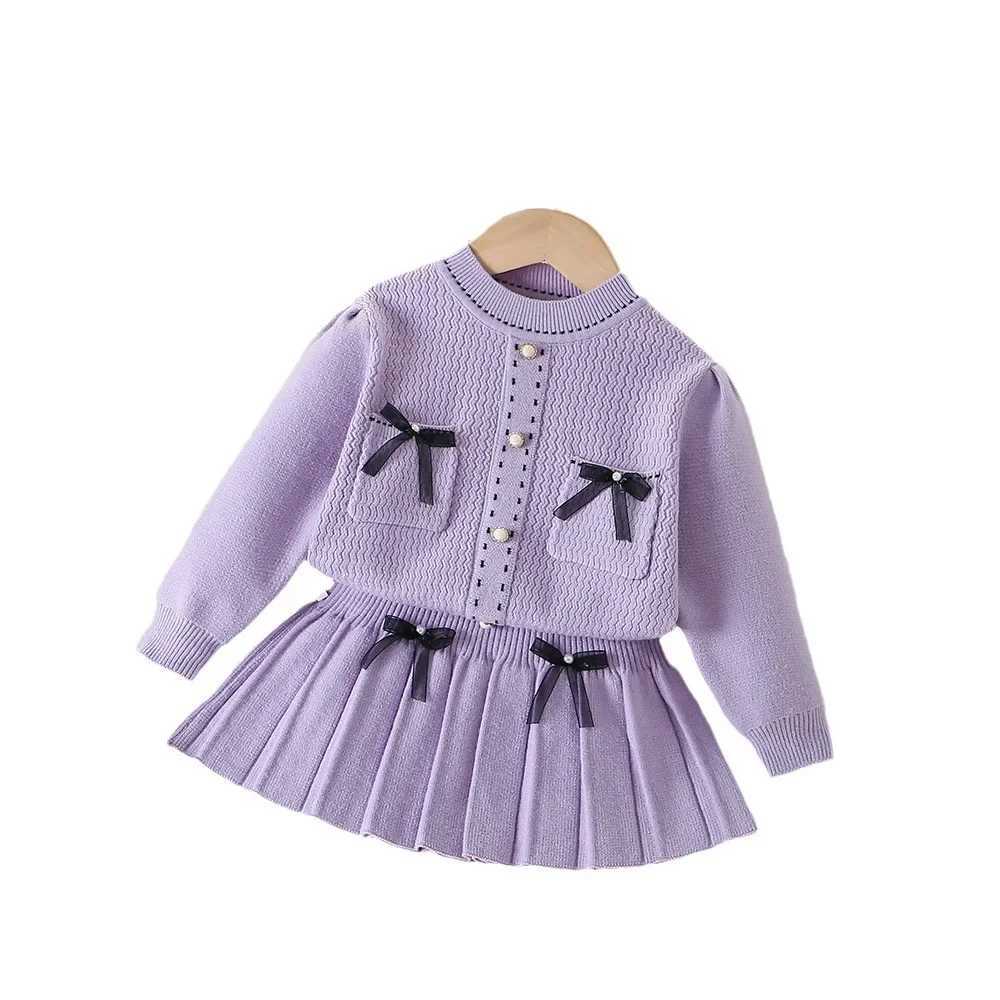 Girls pocket bow pullover sweater bow pleated skirt Small fragrance set sweater knitted sweater kids clothes L250926P1JN