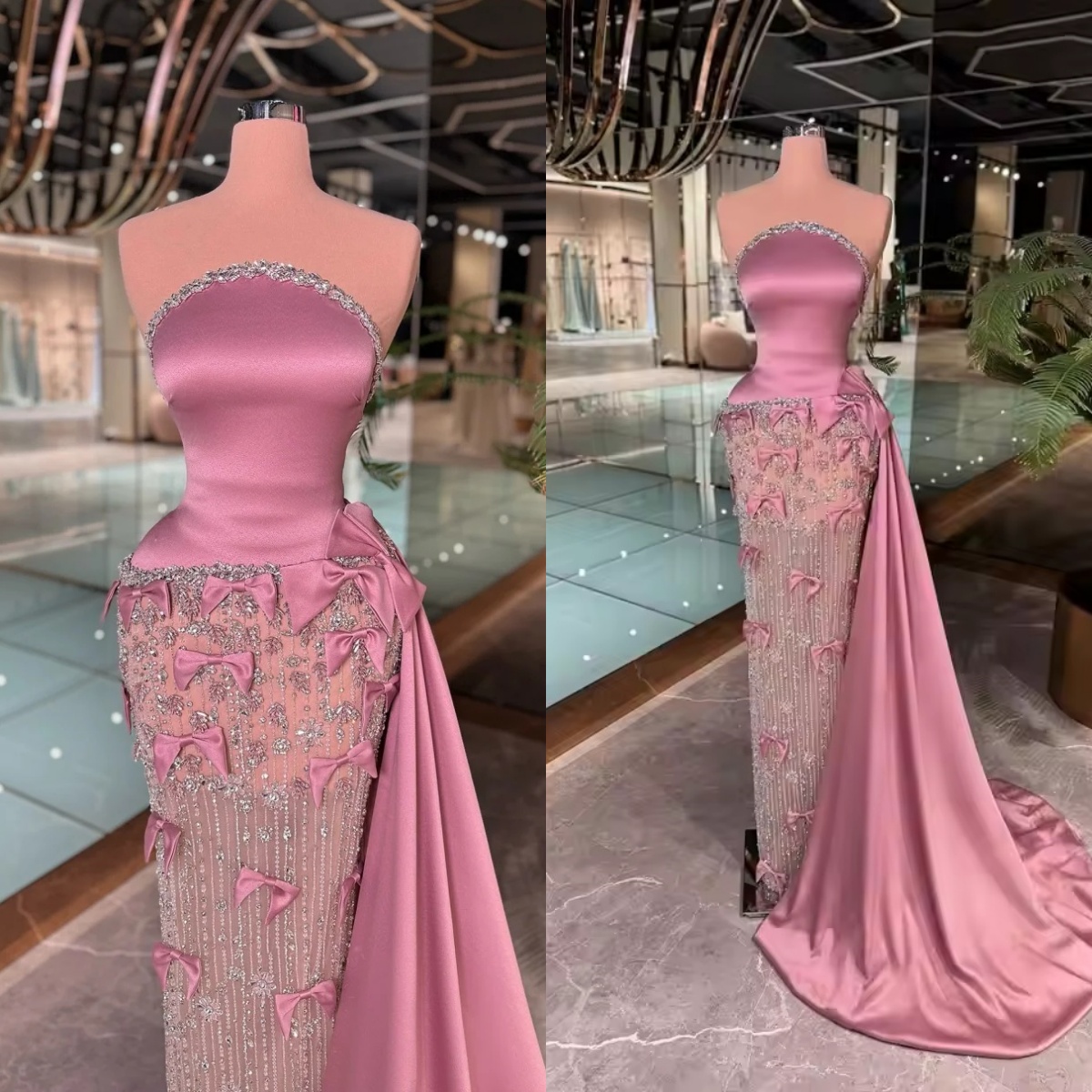 Fancy Crystal Evening Dresses Strapless Prom Gowns Detachable Train Bow Illusion Sequins Beading Sleeveless Customized Vestidos De Noche Plus Size