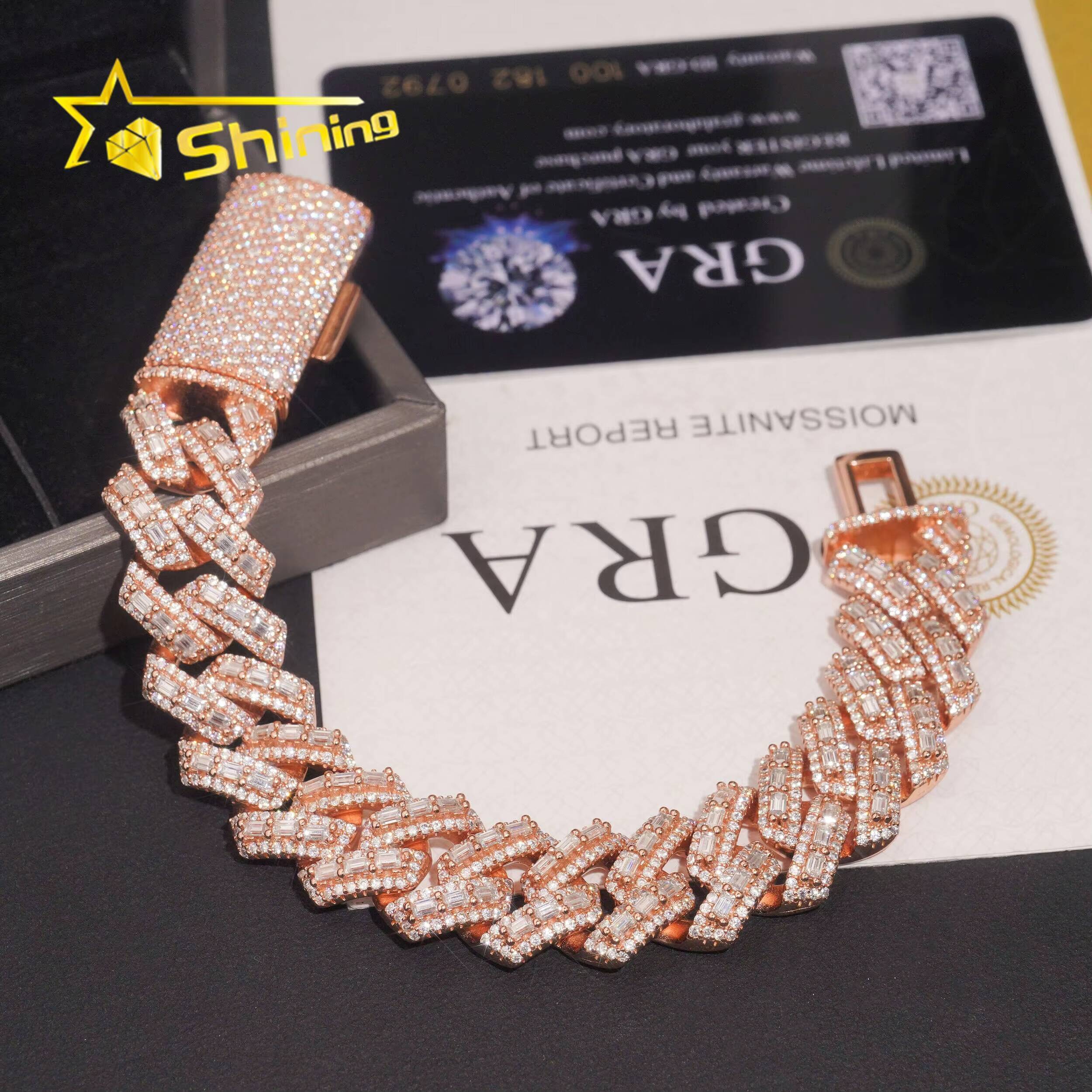 Hip Hop Fine Jewelry 16mm Width Baguette Diamond 925 Silver Rose Gold Men Moissanite Cuban Link Bracelet