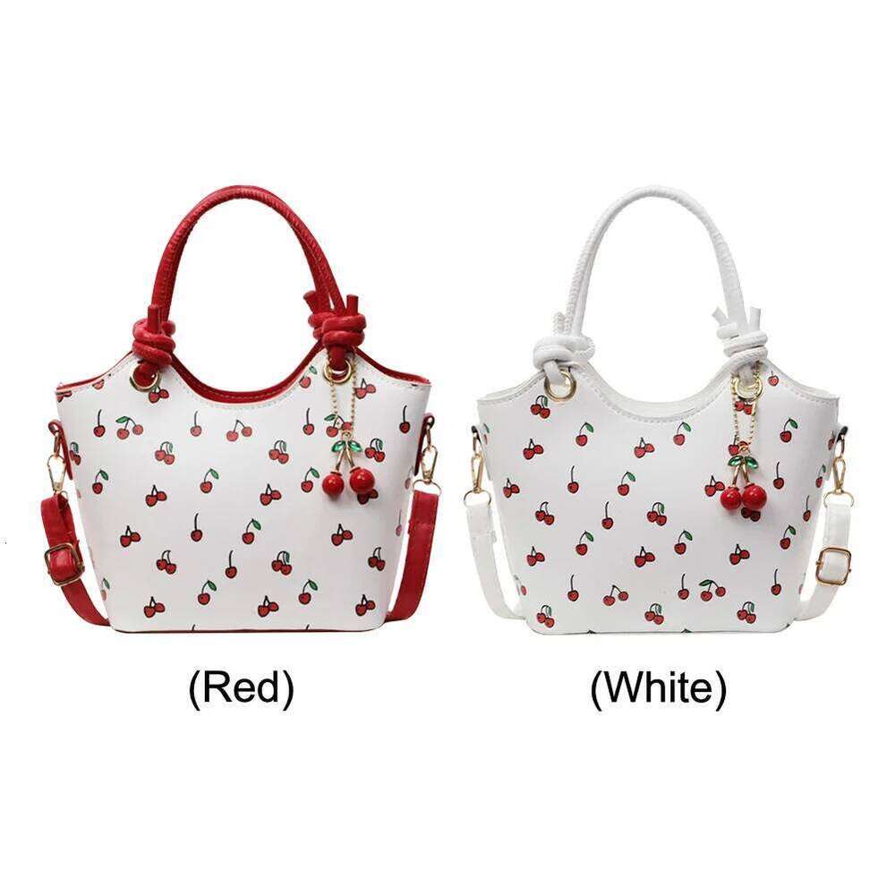 PU Leather Bucket Fashion Shoulder for Women Ladies Cherry Printed Crossbody Trendy Top-handle Bag with Adjustable Strap