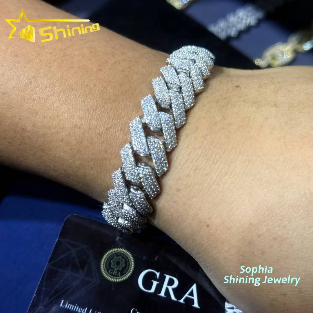 Luxury Bling Fine Jewelry S925 Sterling Silver Hip Hop Iced Out Vvs Lab Diamond Moissanite Cuban Link Bracelet