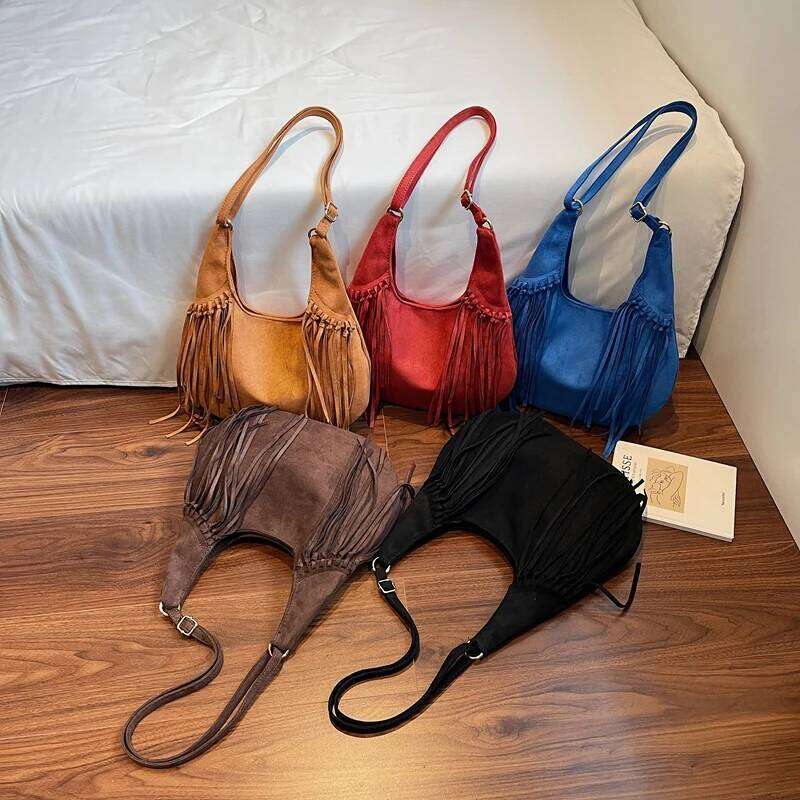 Design Faux Suede Shoulder Bags for Women Tassels Crossbody Bag Females Retro New Handbags and Purses