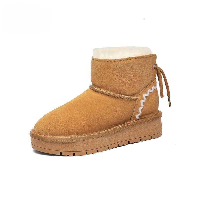 Sheepskin Wool Integrated Thick-Soled Snow Boots for Women with Bowknot Short Tube Thickened Warm Fleece-Lined 2024 Winter Cotton Shoes