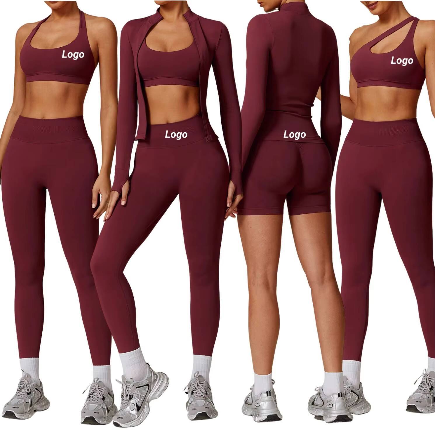 Womens High Waist Yoga Set Seamless Workout Fitness Outfit With Sports Bra Jacket High Waist Shorts Leggings Gym Activewear Set