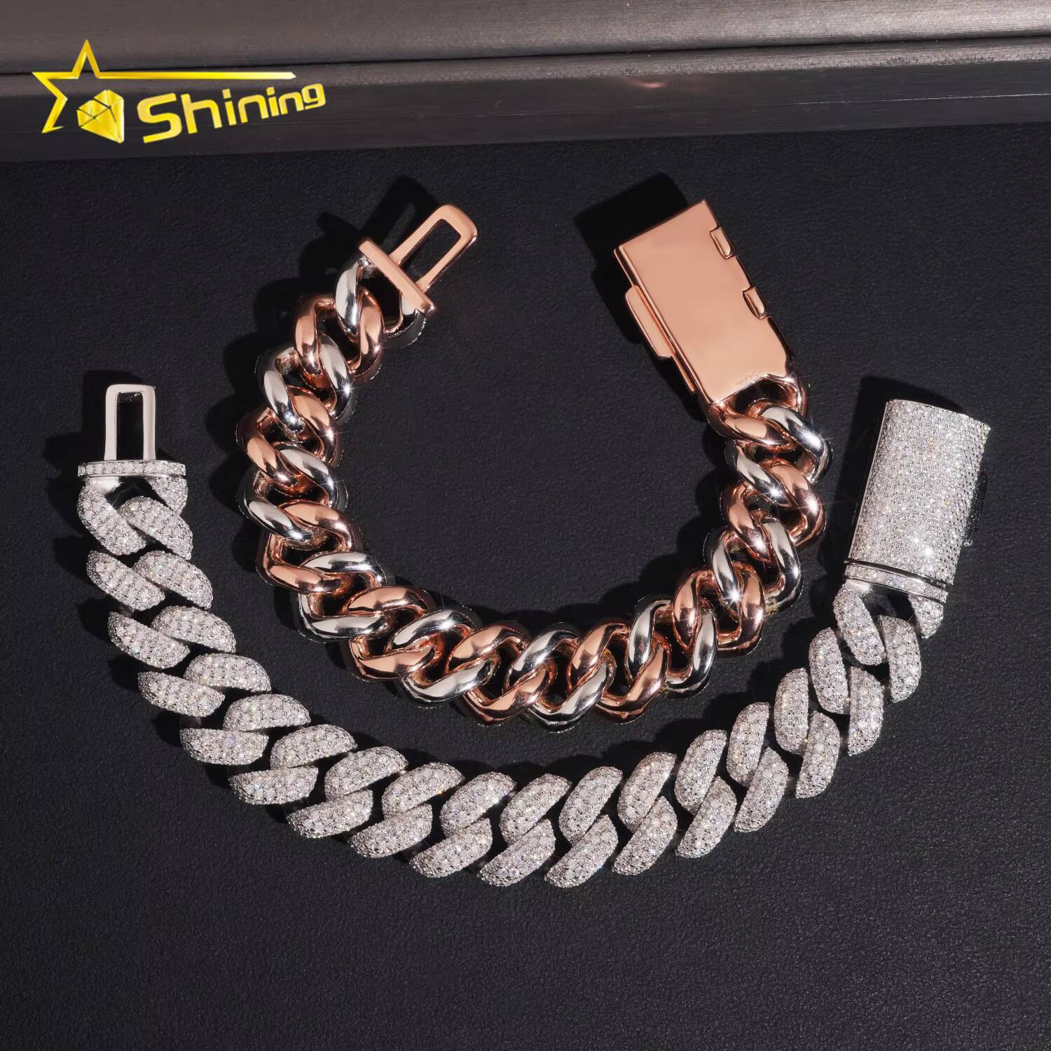 Hip Hop Jewelry 925 Silver Bracelet for Men Iced Out Two Tone 16mm VVS Moissanite Cuban Bracelet GRA Certificated