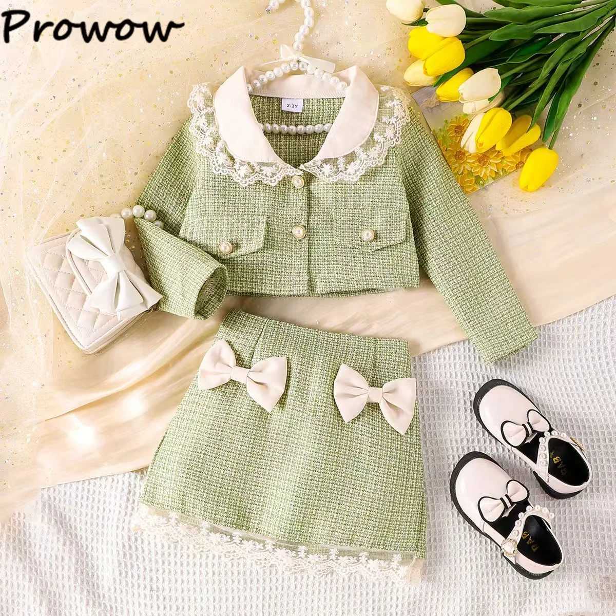 Prowow Children Winter Clothing Tweed Suit For Girls Lace Collar Green Coat and Bows Skirt 2pcs Girls Fashion Tweed Outfit Sets L25092699RU