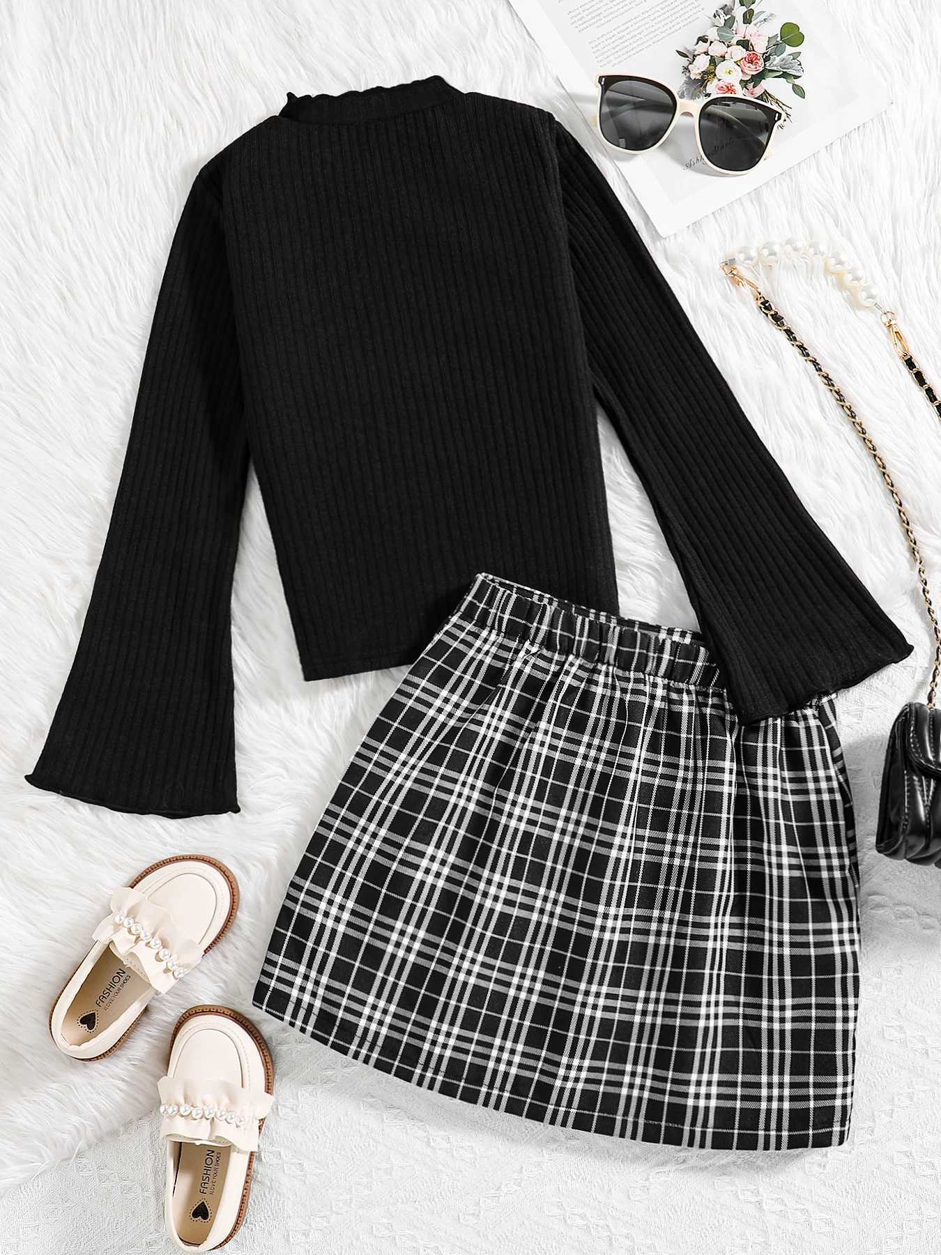 Childrens clothing girls and teenagers autumn fashion round neck black long sleevedhigh waisted checkered hip hugging skirt L250926RXM9