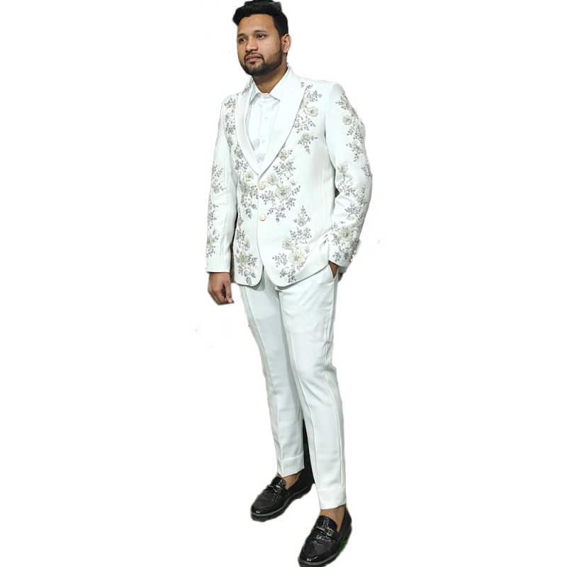 Luxury Crystals Beaded Men Suit 2 Pieces Jacket Pants Single Breasted Groom Wedding Tuxedos Party Prom Special Occasions Customized