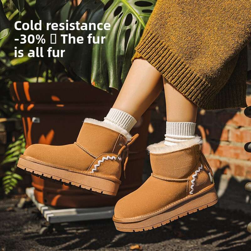 Sheepskin Wool Integrated Thick-Soled Snow Boots for Women with Bowknot Short Tube Thickened Warm Fleece-Lined 2024 Winter Cotton Shoes